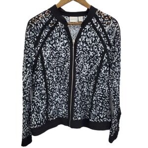Zenergy By Chicos Womens L Black White Mesh Lace Zip Bomber Jacket Chic Layer